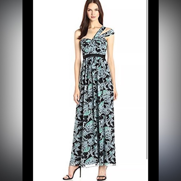 NWT BCBG MAX AZRIA Inga One shoulder blue teal Evening Gown flowy pleated 10 - Picture 1 of 12
